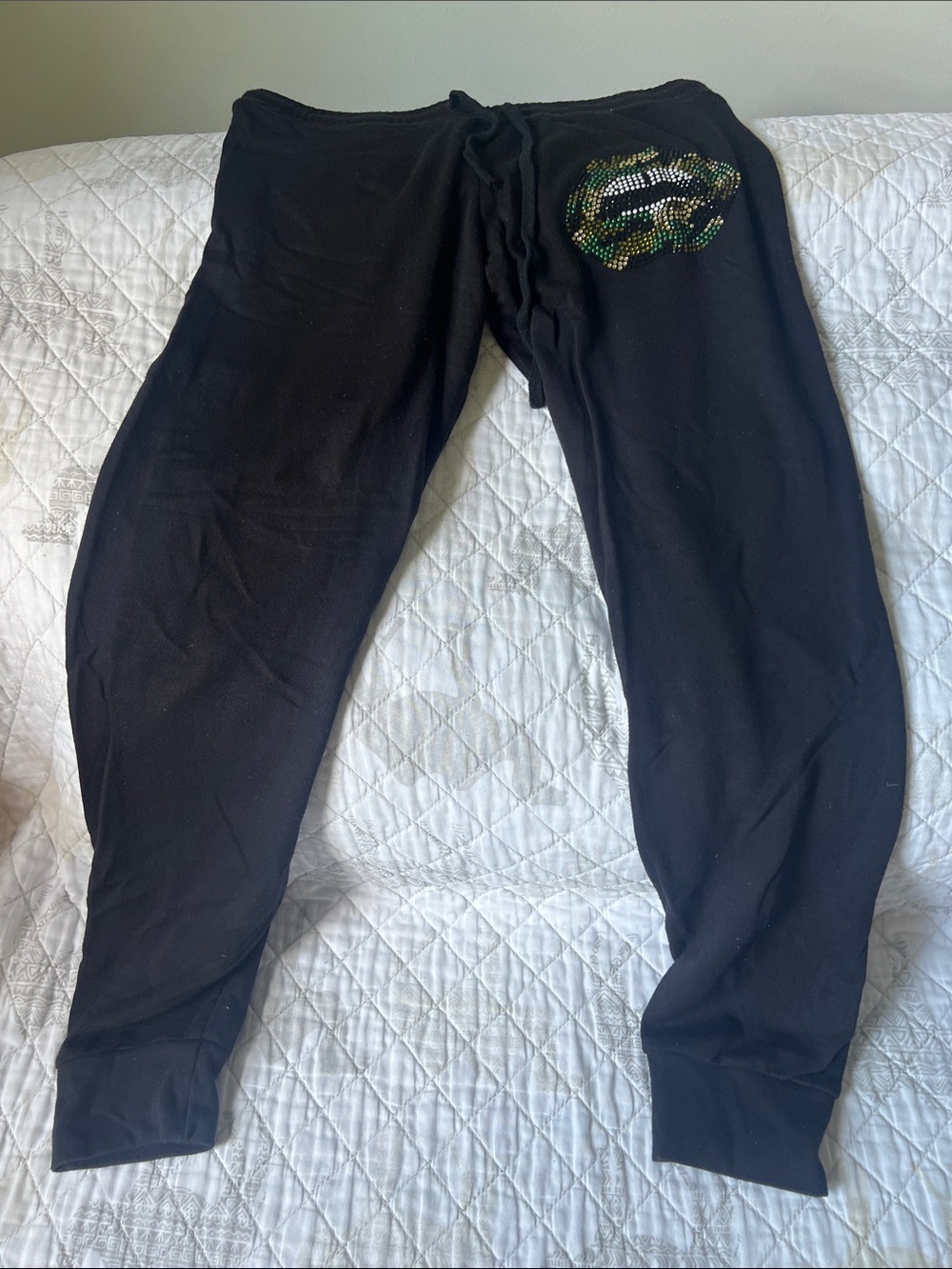 Lauren Moshi Black Sweatpants with Green & Gold Rhinestone Patch